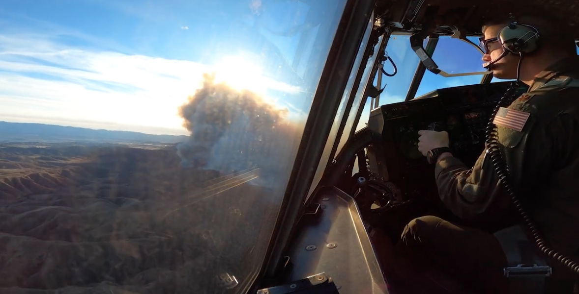 See Castaic Hughes fire from flight deck of California National Guard aerial firefighter (MAFFS)